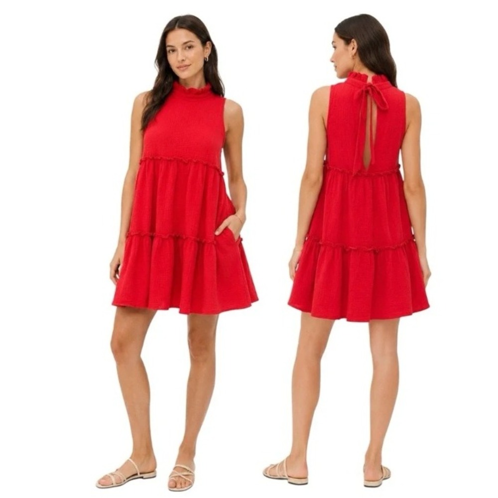 Pomander Place Morgan Gauze Tiered Mini Dress Size XL Red Sleeveless Tie‎ Back